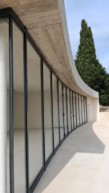 Vista da sotto la copertura lungo la vetrata curva, con le ante apribili a filo del vetro